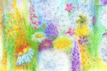 Pastellkreidebild - zu sehen sind Sommerblumen in kräftigen Farben, auf einer Wiese