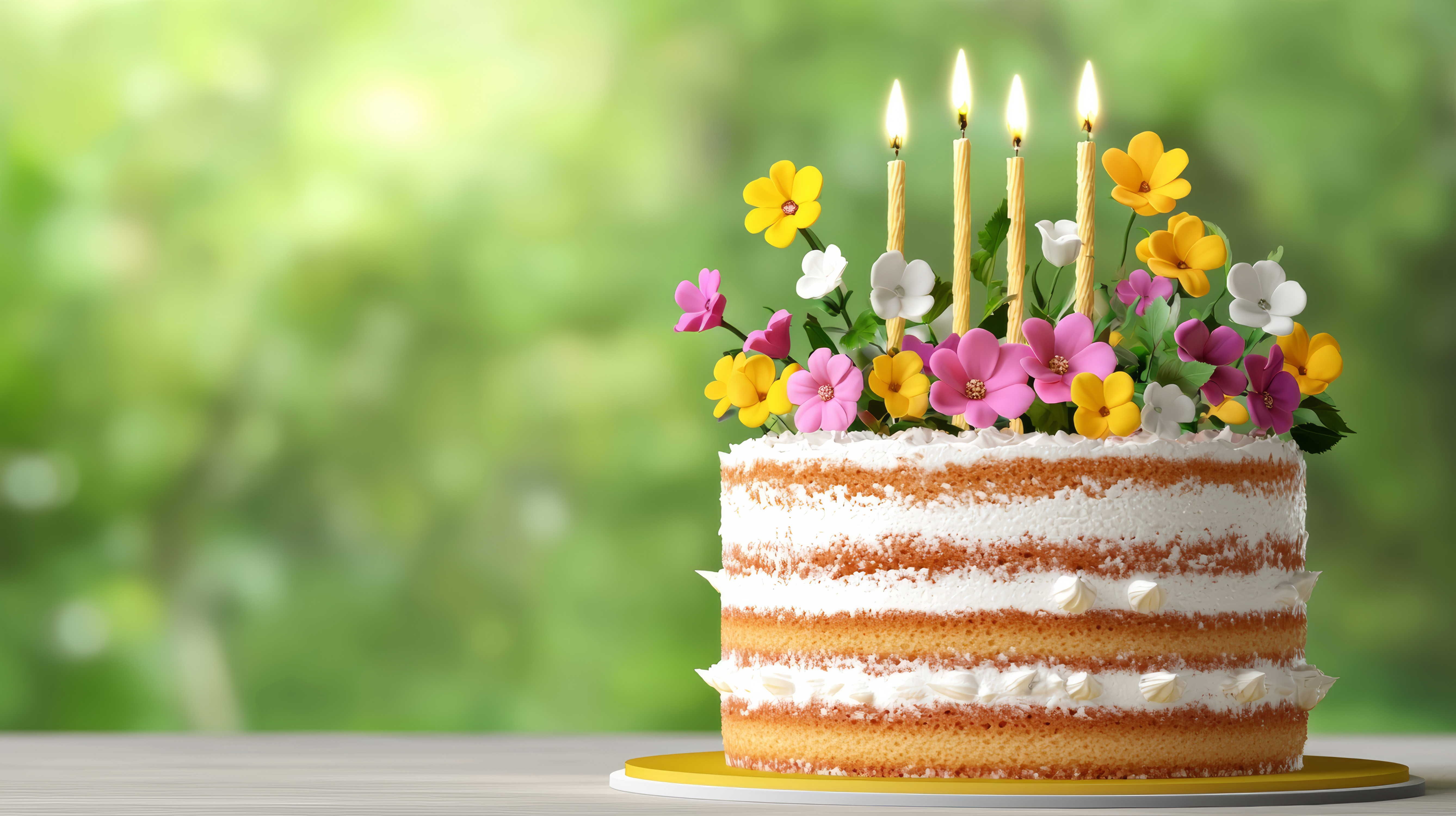 Geburtstagstorte mit Kerzen und Blumen