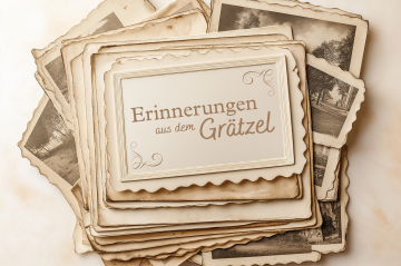 ein Stapel vergilbter Schwarz-Weiß-Fotos, die Erinnerungen aus dem Grätzel zeigen sollen